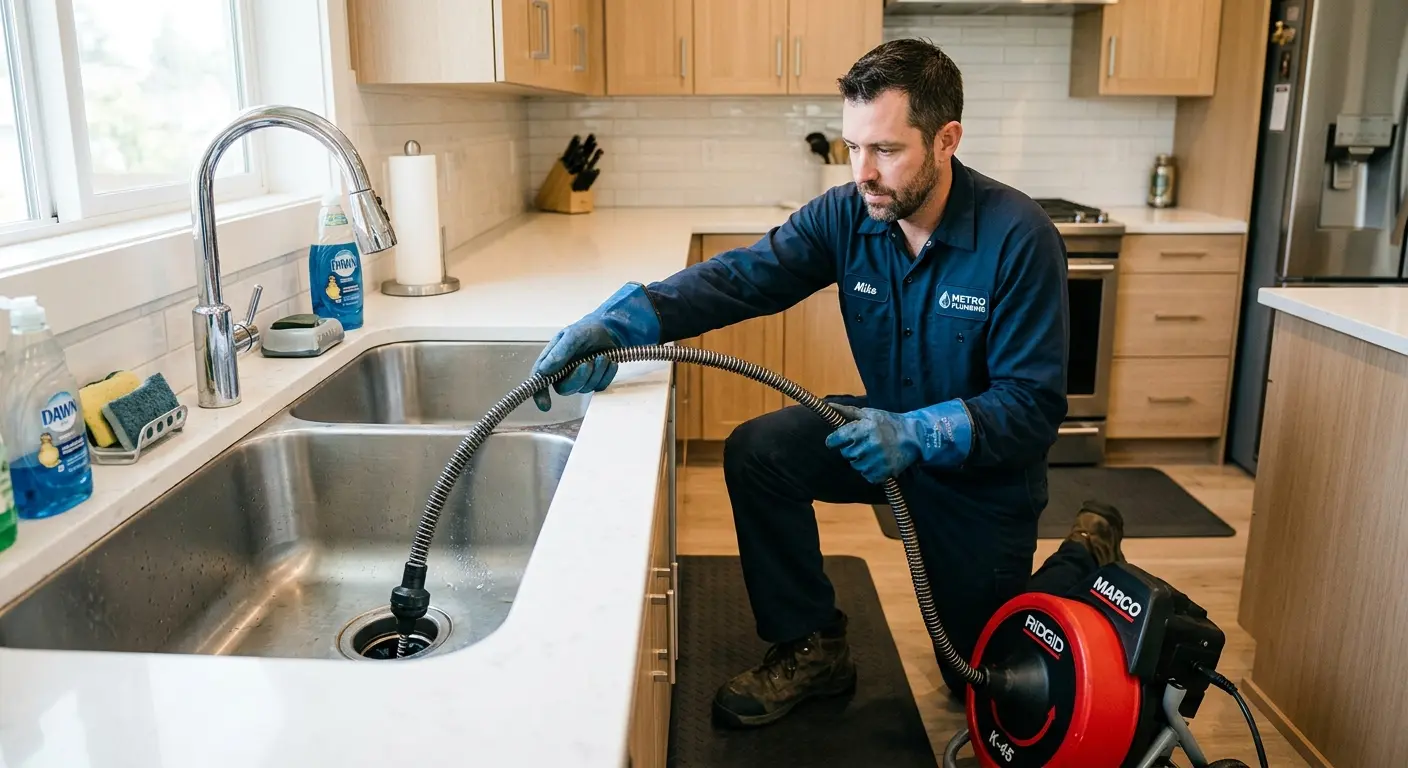 Drain cleaning technician using a motorized snake on a kitchen sink in Coral Springs