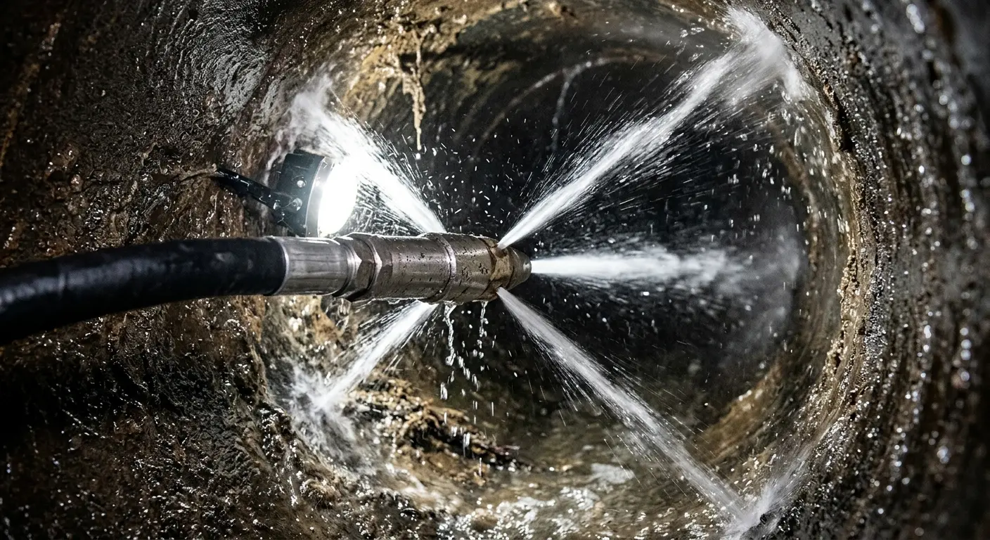 High-pressure hydro jetting nozzle cleaning sewer pipe for Trenchless Sewer Repair in Coral Springs