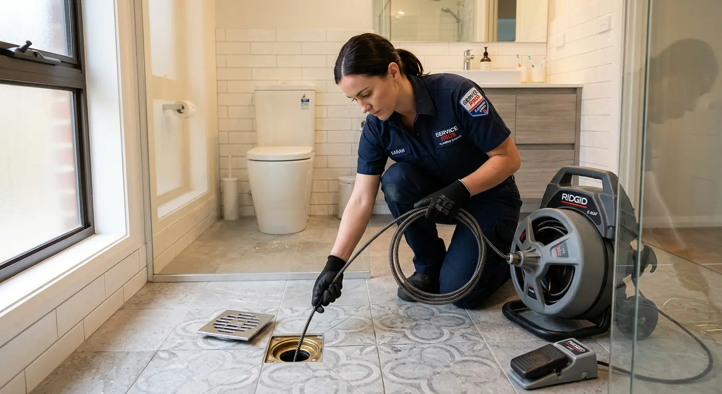 Technician clearing a bathroom floor drain for Clogged Drain Repair in Coral Springs